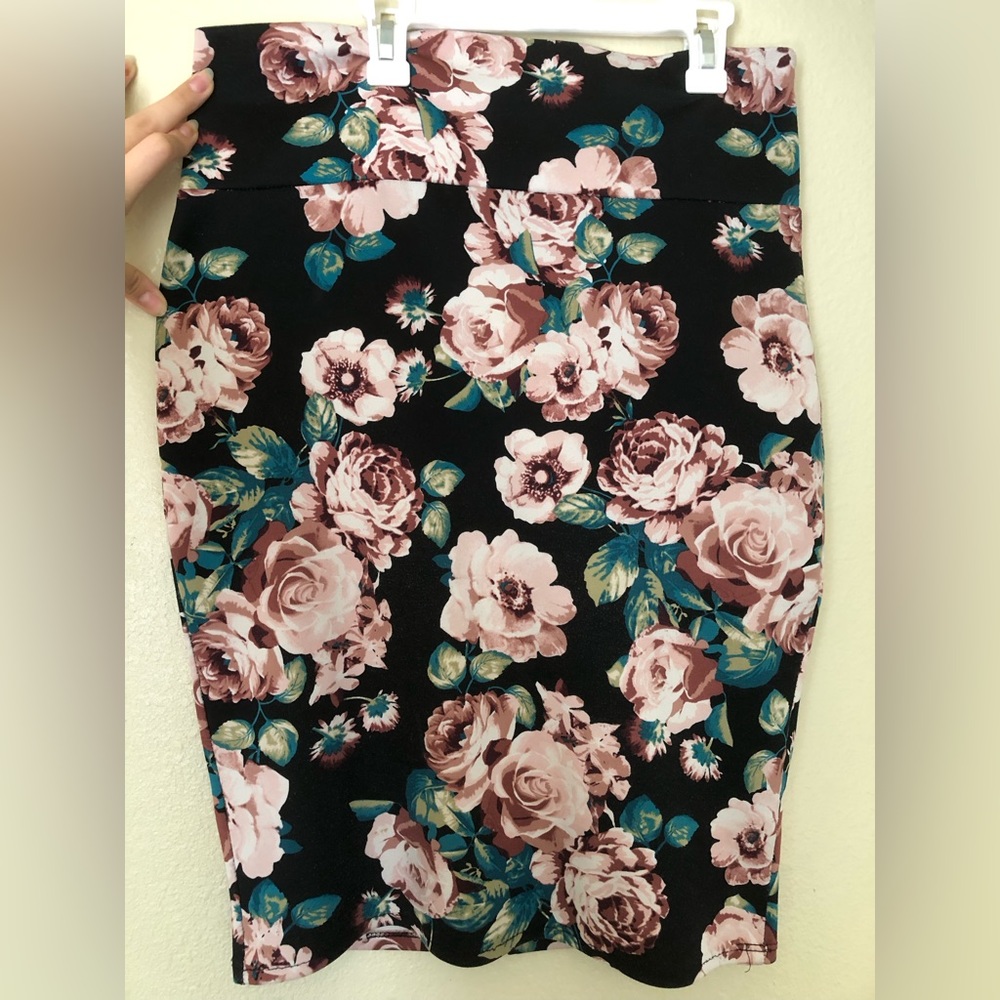 Floral knee length pencil skirt, burgundy and pink flowers, stretchy